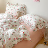 Flytonn-2025 Spring Bedding Set Cute Floral Duvet Cover Set Ins Korean Style with Flat Sheet Pillowcase No filler Washed Cotton Queen Double Home Bed Linens