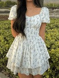 Flytonn- Floral Puff Sleeve Corset Tiered Mini Dress