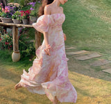 Flytonn- Pink Chiffon Off Shoulder Floral Puff Sleeves Maxi Dress