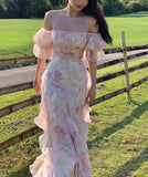 Flytonn- Pink Chiffon Off Shoulder Floral Puff Sleeves Maxi Dress