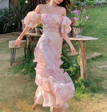 Flytonn- Pink Chiffon Off Shoulder Floral Puff Sleeves Maxi Dress