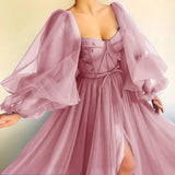 Flytonn- Princess Sheer Puff Sleeved Slit Dress