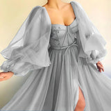 Flytonn- Princess Sheer Puff Sleeved Slit Dress