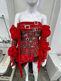 Flytonn- Red Plaid Puff Sleeve Corset Tiered Dress