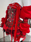 Flytonn- Red Plaid Puff Sleeve Corset Tiered Dress