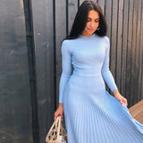 Flytonn- Ribbed Long Sleeve High Neck Knit Pleated Midi Sweater Dress - Blue