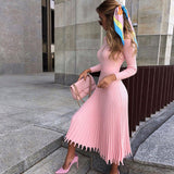 Flytonn- Ribbed Long Sleeve High Neck Knit Pleated Midi Sweater Dress - Pink