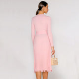 Flytonn- Ribbed Long Sleeve High Neck Knit Pleated Midi Sweater Dress - Pink