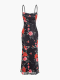 Flytonn- Rose Flower Print Mesh Midi Dress