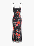 Flytonn- Rose Flower Print Mesh Midi Dress