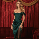 Flytonn- Silky Satin Off Shoulder High Slit Drape Corset Midi Dress - Emerald Green