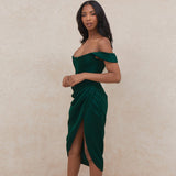 Flytonn- Silky Satin Off Shoulder High Slit Drape Corset Midi Dress - Emerald Green