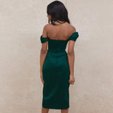 Flytonn- Silky Satin Off Shoulder High Slit Drape Corset Midi Dress - Emerald Green