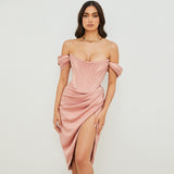 Flytonn- Silky Satin Off Shoulder High Slit Drape Corset Midi Dress - Pink