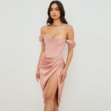 Flytonn- Silky Satin Off Shoulder High Slit Drape Corset Midi Dress - Pink