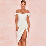 Flytonn- Silky Satin Off Shoulder High Slit Drape Corset Midi Dress - White