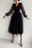 Flytonn- V Neck Tulle Long Sleeve Midi Dress