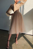 Flytonn- V Neck Tulle Long Sleeve Midi Dress