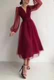 Flytonn- V Neck Tulle Long Sleeve Midi Dress