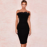 Flytonn- Unique Feather Trim Strapless Bandage Cocktail Party Midi Dress - Black