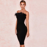 Flytonn- Unique Feather Trim Strapless Bandage Cocktail Party Midi Dress - Black