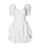 Flytonn- White Lace Bowknot Puff Sleeve Tiered Dress