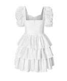 Flytonn- White Lace Bowknot Puff Sleeve Tiered Dress