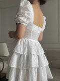 Flytonn- White Lace Bowknot Puff Sleeve Tiered Dress