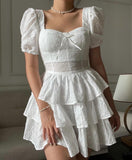 Flytonn- White Lace Bowknot Puff Sleeve Tiered Dress