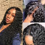 Flytonn-Black Fashion Casual Lace Water Deep Wave Lace Closure Wigs Middle Part Wet and Wavy Wigs