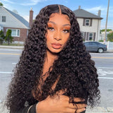 Flytonn-Black Fashion Casual Lace Water Deep Wave Lace Closure Wigs Middle Part Wet and Wavy Wigs