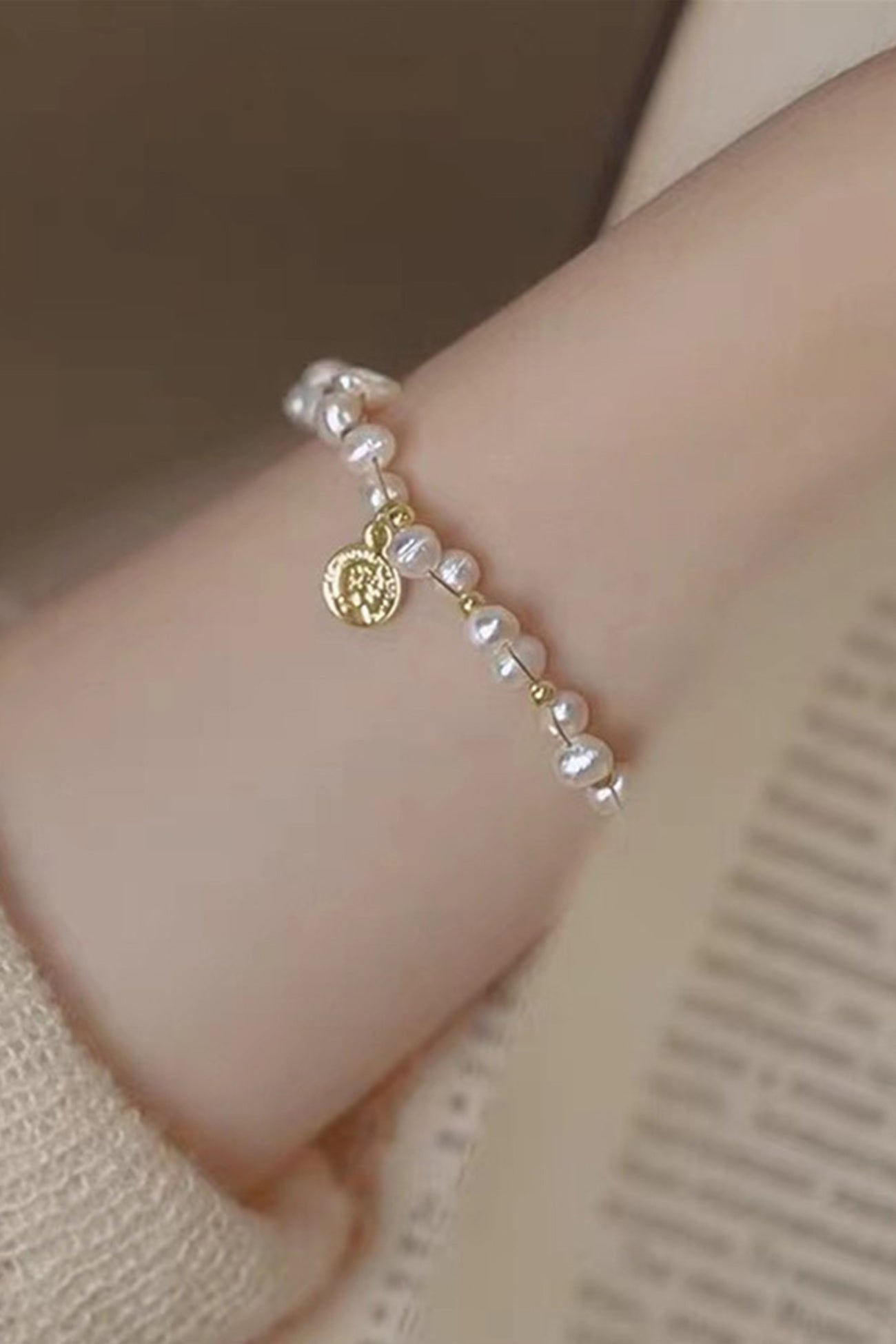 Flytonn-Valentine's Day gift Gold Beaded Pearl Bracelet
