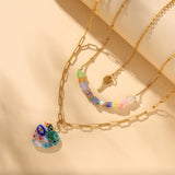 Flytonn Stainless Steel Necklace for Women Gold Love Flower Glass Gravel Key Pendant Titanium Steel Double Necklace Clavicle Chain
