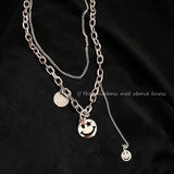 Flytonn Emo Smiley Necklace Long aStainless Steel Chain Kurapika Punk Cuban Chain Couple Indie Men's Necklace Cool Jewelry