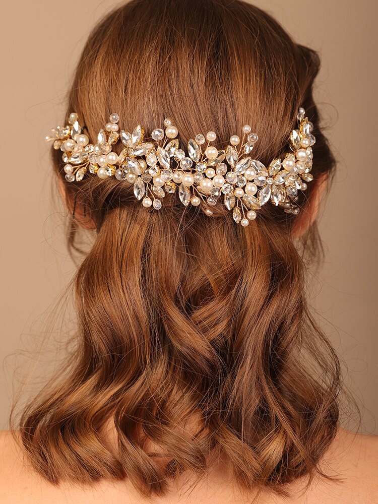 Flytonn Pearl Rhinestone Bride Headband Luxury Crystal Bridal Headpiece Wedding Hair Accessories Handmade Hair Jewelry Party Prom Tiaras