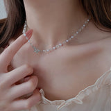Flytonn Kpop Shell Beaded Butterfly Necklace For Women Egirl Crystal Bead Pearl Choker Fashion Perlas Chain Necklaces Jewelry Gift