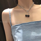 Flytonn Harajuku Black Cherry Pendant Y2k Necklace Punk Stainless Steel Chain Goth Necklaces Hip Hop Jewelry Korean Trending