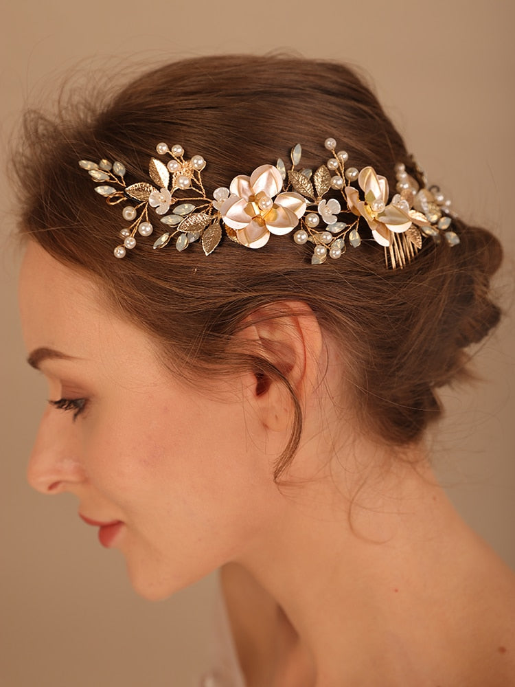 Flytonn Alloy Crystal Bead Flower Bride Hair Comb Headband Wedding Hair Jewelry Fashion Handmade Headpiece Tiara Bridal Hair Accessories