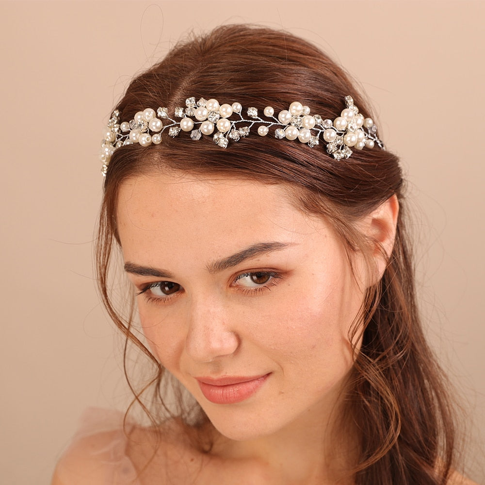 Flytonn Trendy Pearl Rhinestone Bridal Headband Wedding Headdress for Women Headpiece Silver Handmade Beide Hair Accessories Party Tiara