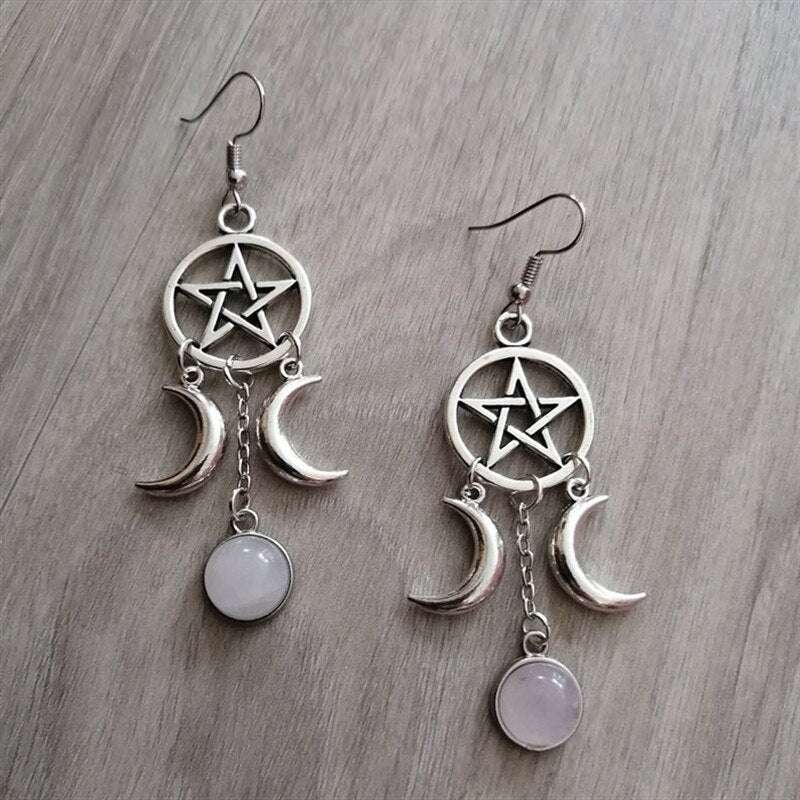 Flytonn Pentagram Crescent Moon Rose Stone Earrings Natural Stone Wicca Witchy BOHO Statement Jewelry Pagan Gothic Women Gift New Trend