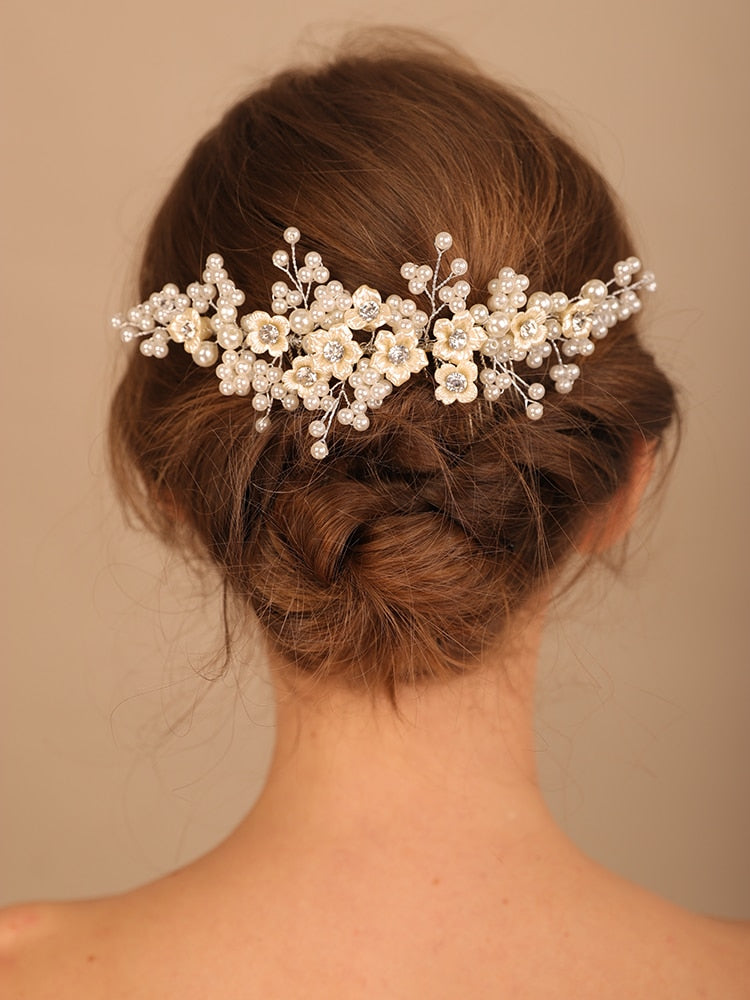 Flytonn Pearl Rhinestone Flower Bride Hair Combs Wedding Hair Jewelry Bridal Headwear Hair Accessories for Women Party Prom Tiaras