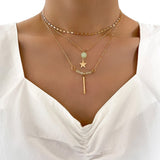 Flytonn Boho Geometric Heart-shaped Pendant Necklace For Women Multilevel Female Vintage Gold Color Crystal Horn Circle Chain Jewelry