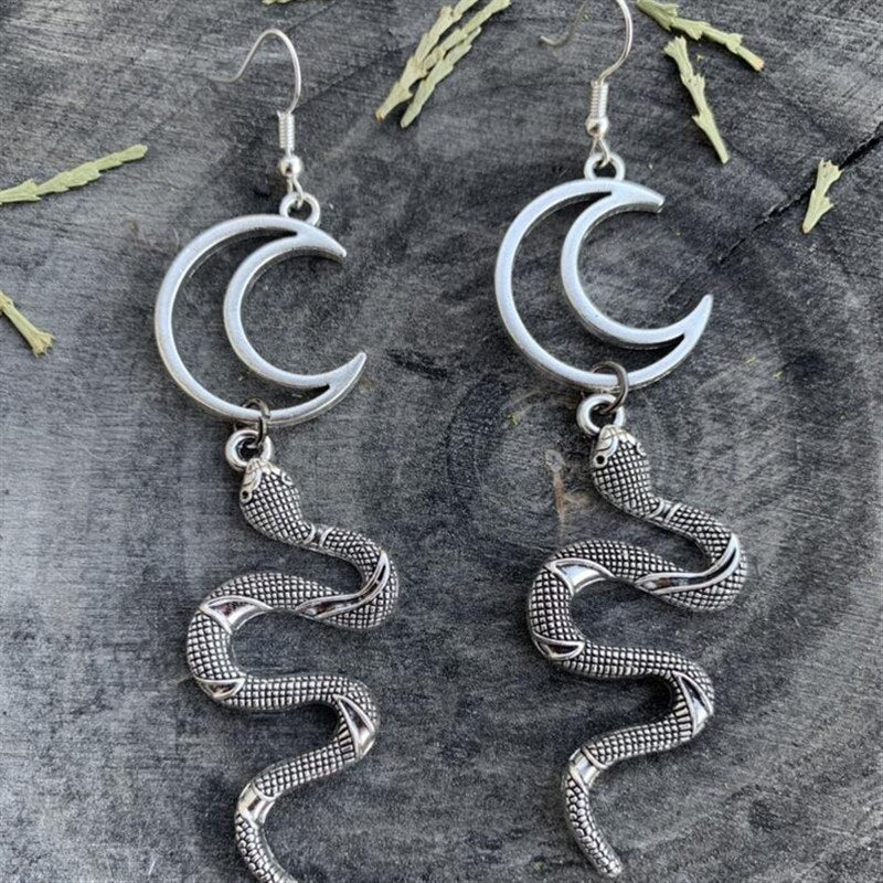 Flytonn New Gothic Snake Pentagram And Moon Animal Earrings Goth Witch Fashion Jewelry Women Gift Grunge Crescent Statement Rock Punk