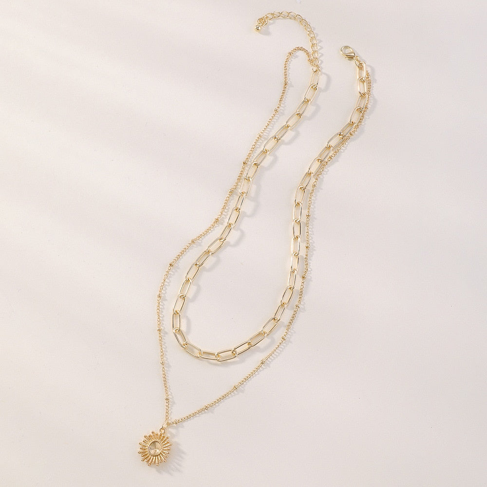 Necklace for Women Retro Sun Flower Pendants Necklace Double-deck Geometry Bohemia Jewelry Women Accessories