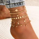 Flytonn  Summer Beach Lightning Pentagram Bead Pendant Anklet Bohemian Gold Color Handmade Multilevel Beaded Anklet Jewelry