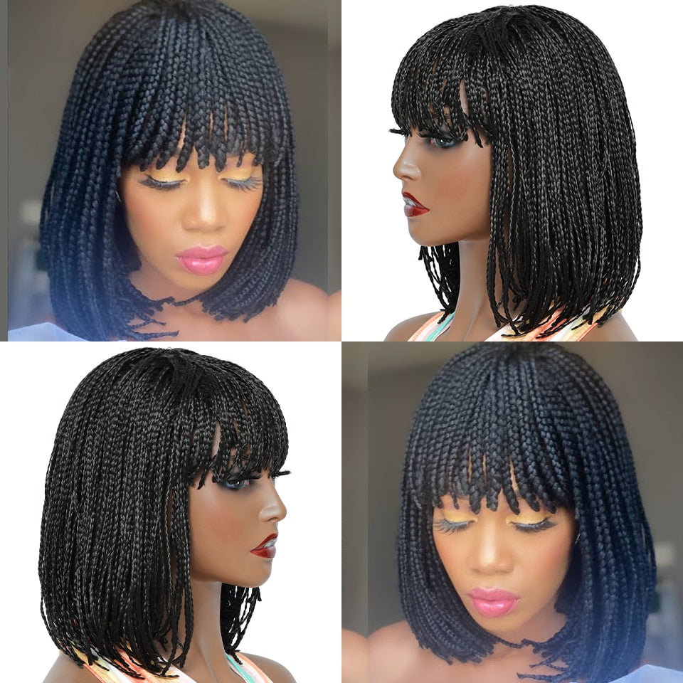 Flytonn African Braids Hair Synthetic Braiding Hair Short Black Bob Wig With Bangs Braided Wigs For Women Synthetic Kanekalon For Braids
