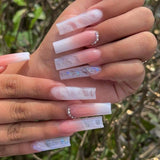 Flytonn Long Fake Nails White Dradient With Diamond Full Cover False Nails DIY Glue Press On Nails Nail Supplies For Professionals
