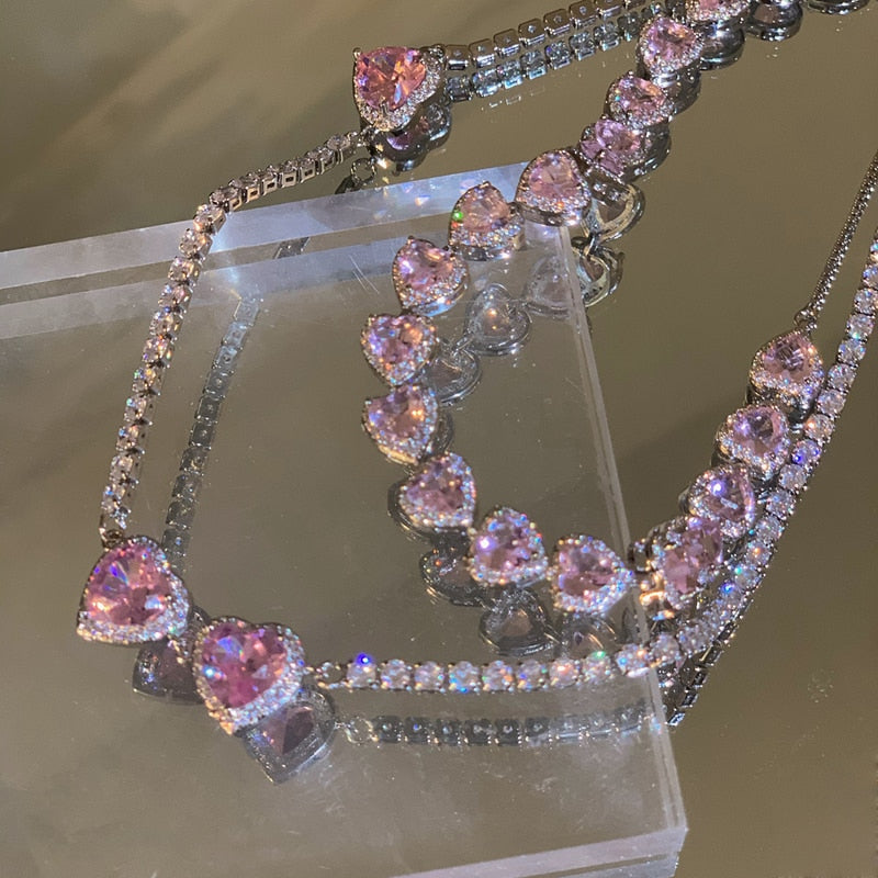 Flytonn Korean Trendy Sweet Pink Crystal Heart Necklace For Women Girls Elegant Zircon Snake Chain Choker Collares Jewelry