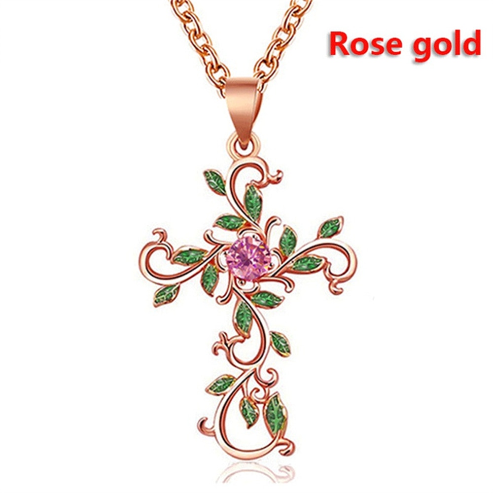 Creative Leaf Winding Cross Pendant Necklace For Women Diamond Clavicle Chain Fashion Jewelry Gift