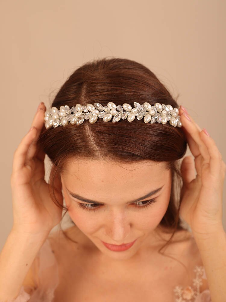 Flytonn Pearl Rhinestone Brides Crown Luxury Crystal Bridal Headpiece for Wedding Handmade Party Prom Diamonds Wedding Hair Accessories